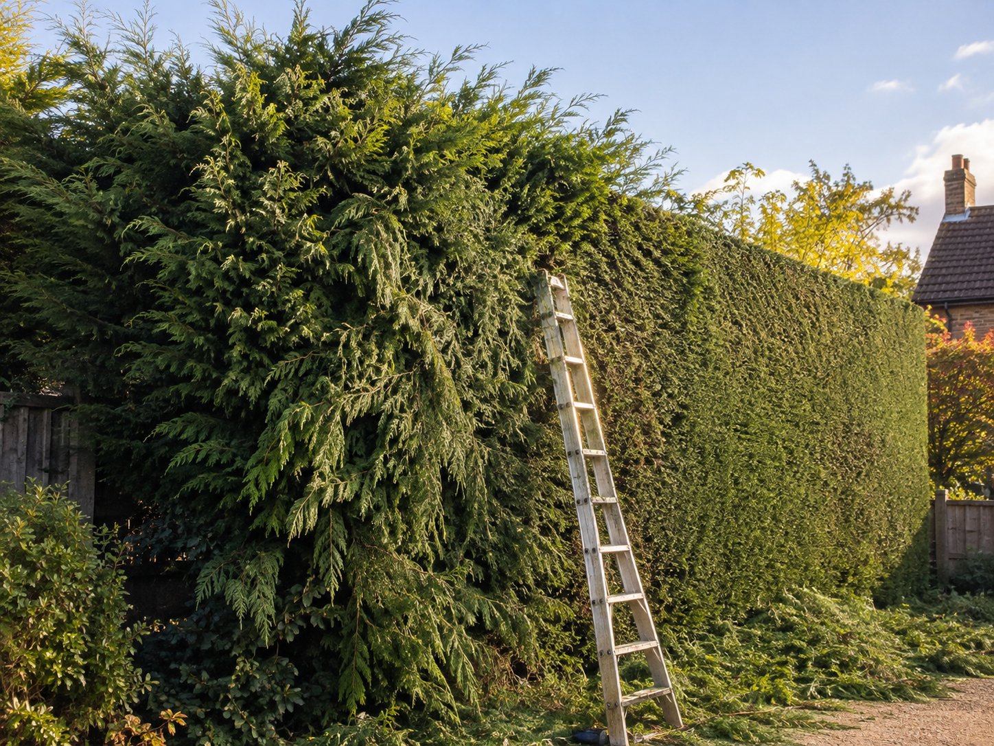 Overgrown leylandii hedge partway through a staged reduction