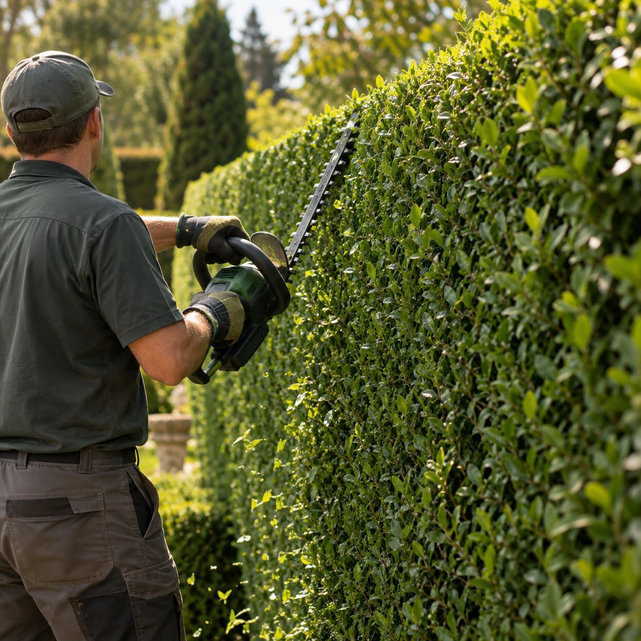 Gardener trimming a privet hedge into crisp straight lines